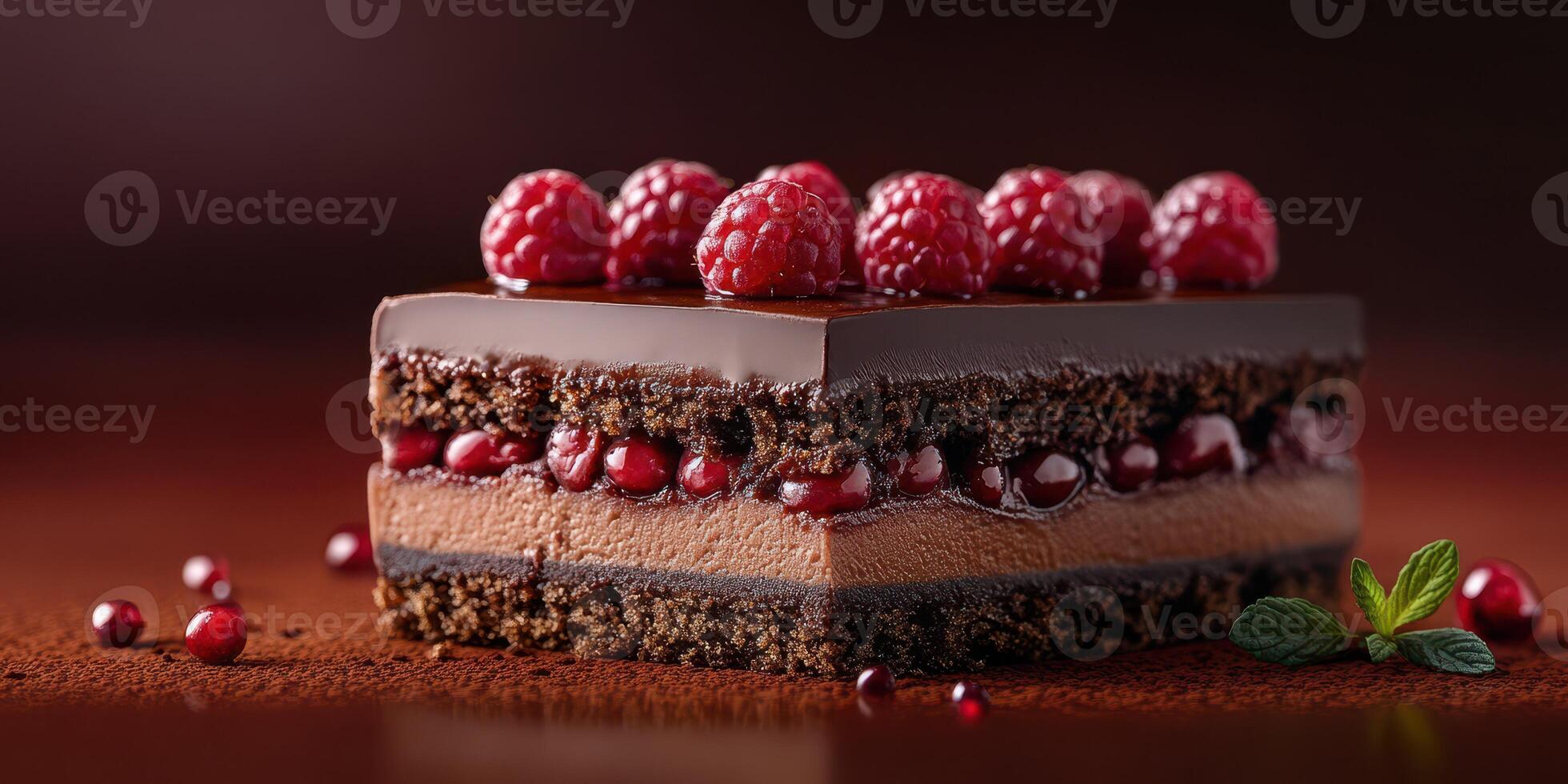 Decadent chocolate cake with layers of raspberry and rich cream, beautifully presented for dessert enthusiasts photo