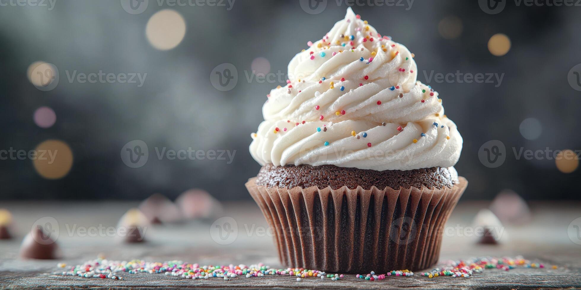 Decadent chocolate cupcake topped with creamy frosting and colorful sprinkles on a rustic wooden table photo