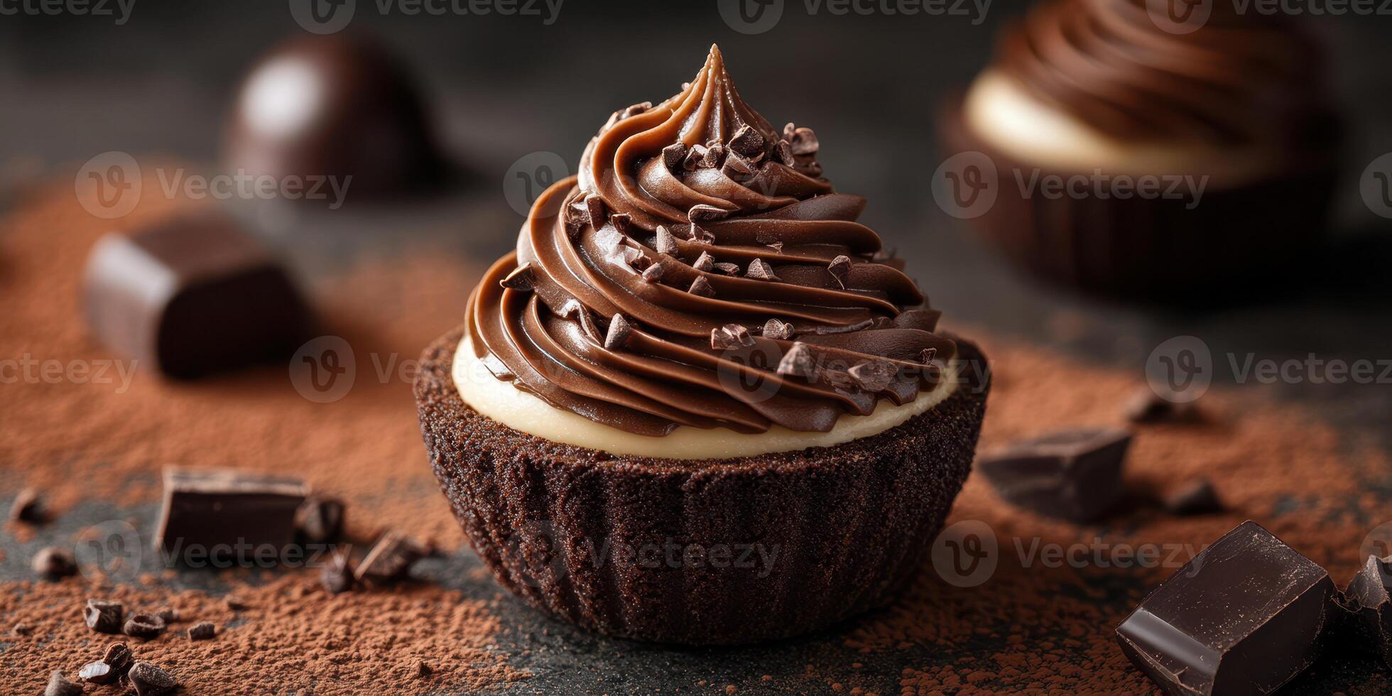 Indulging in a rich chocolate cupcake with creamy frosting and chocolate shavings on a dark surface photo