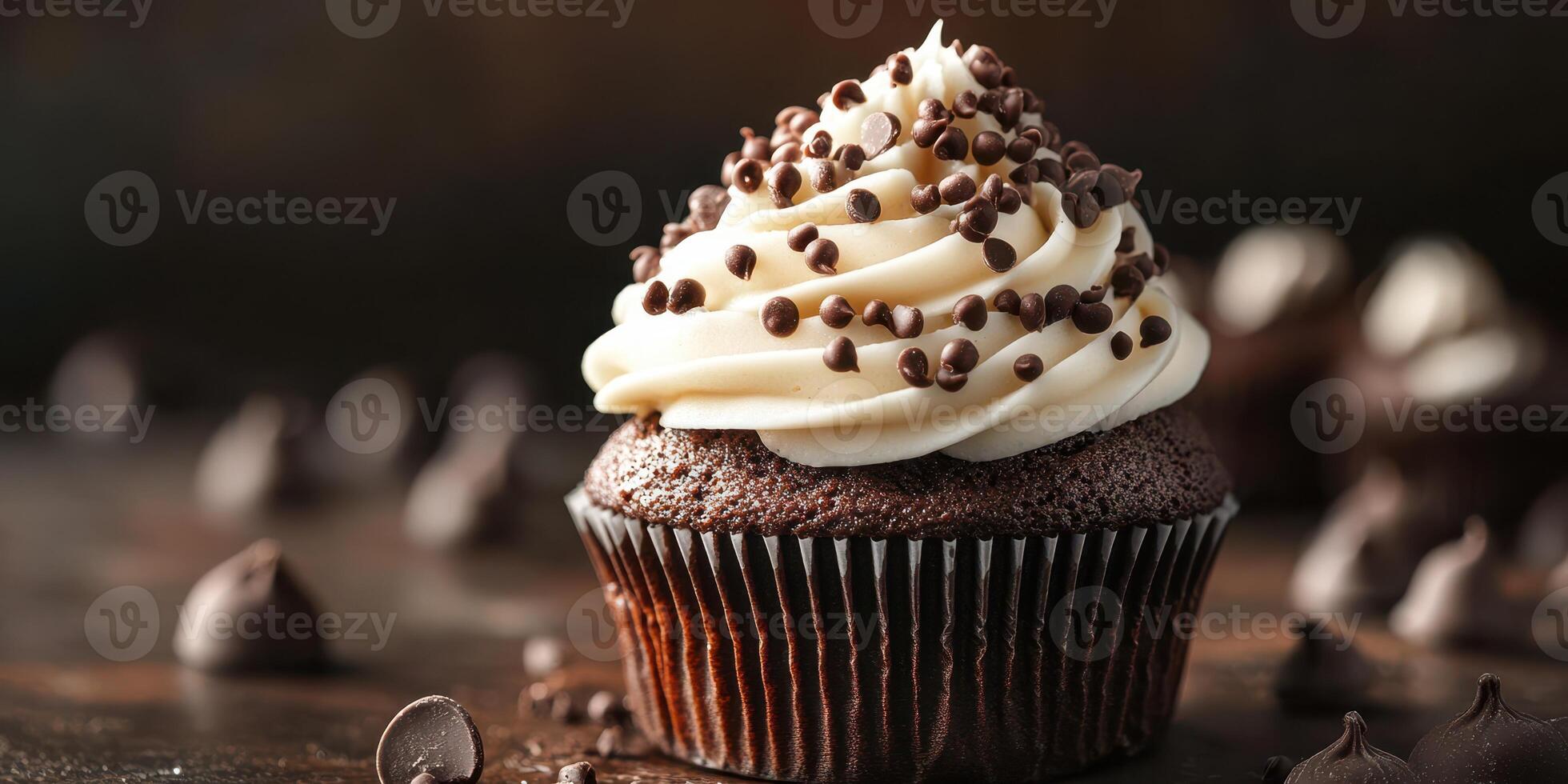 Delicious chocolate cupcake topped with creamy frosting and chocolate sprinkles on a wooden table photo
