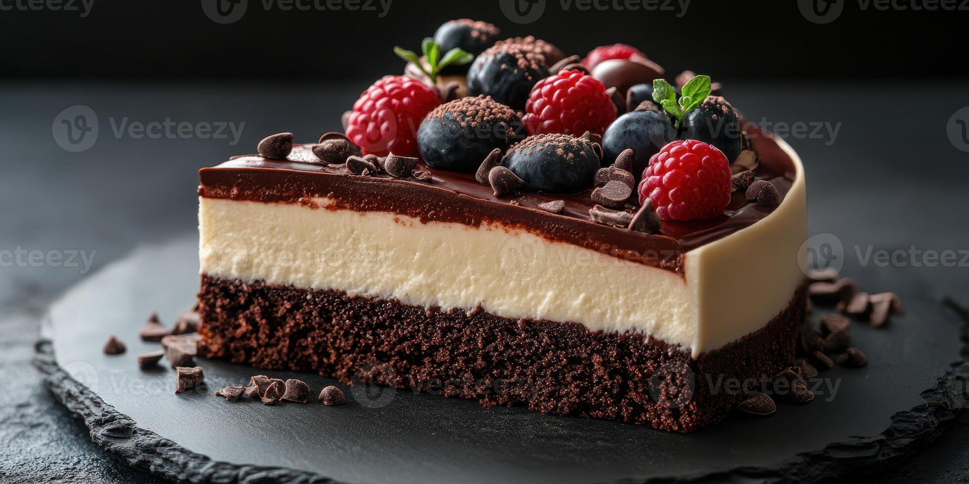 Chocolate mousse cake with fresh berries served on a dark slate plate in a cozy cafe setting photo