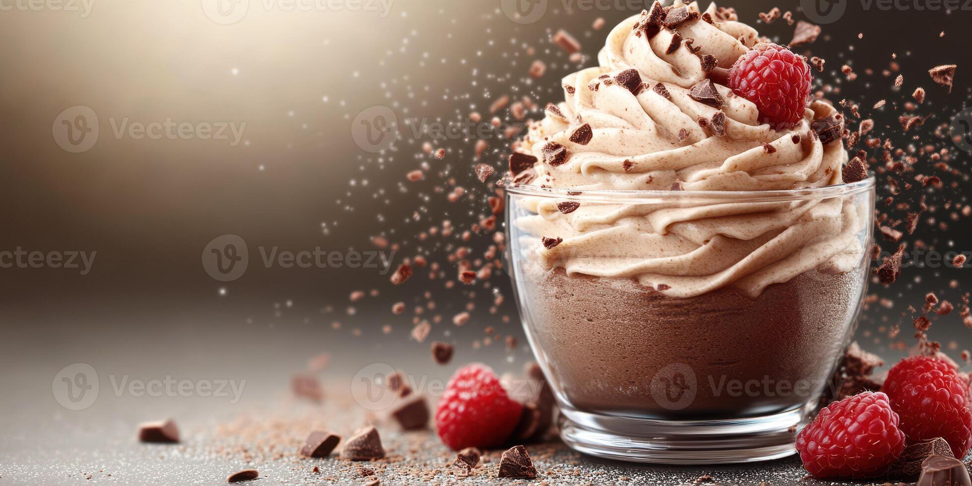 Delicious chocolate mousse topped with raspberries and chocolate shavings on a soft background photo