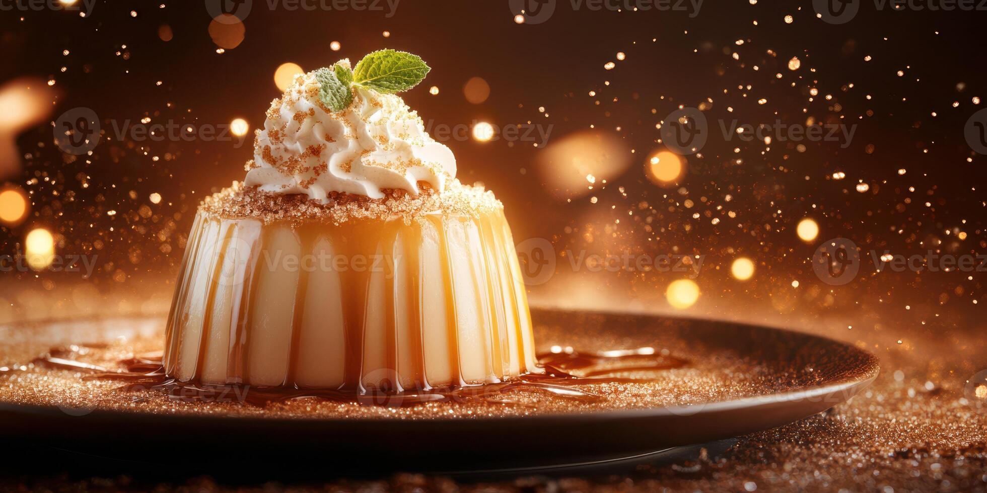 Delicious dessert featuring creamy flan topped with whipped cream and mint on a rustic plate photo