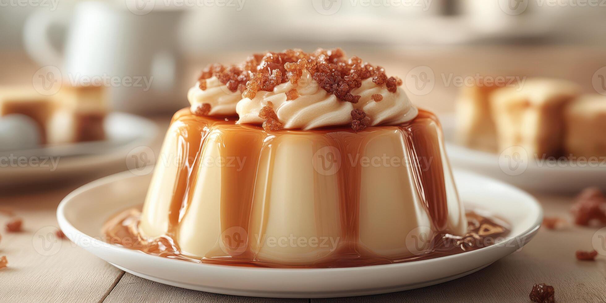 Delicious caramel dessert presented on a white plate with sweet toppings and a rustic background in a cozy dining setting photo