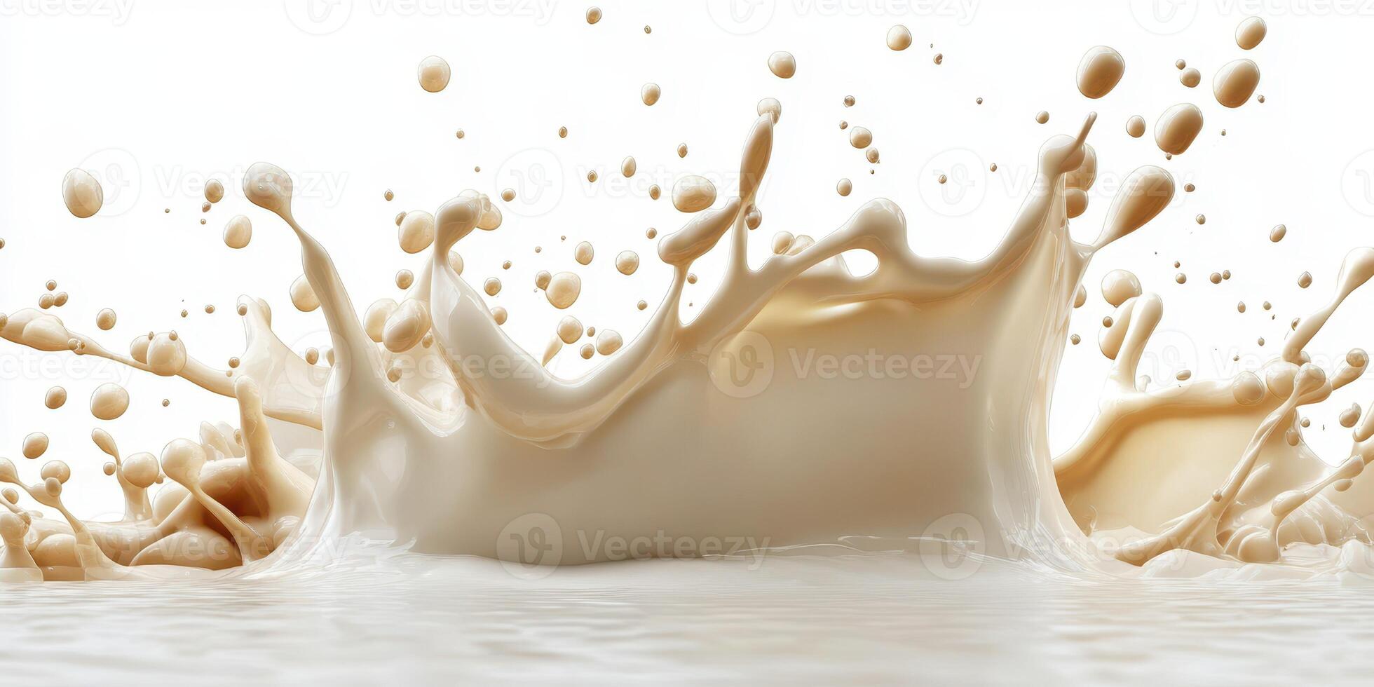 Splash of milk creates a dynamic display of droplets against a white background photo