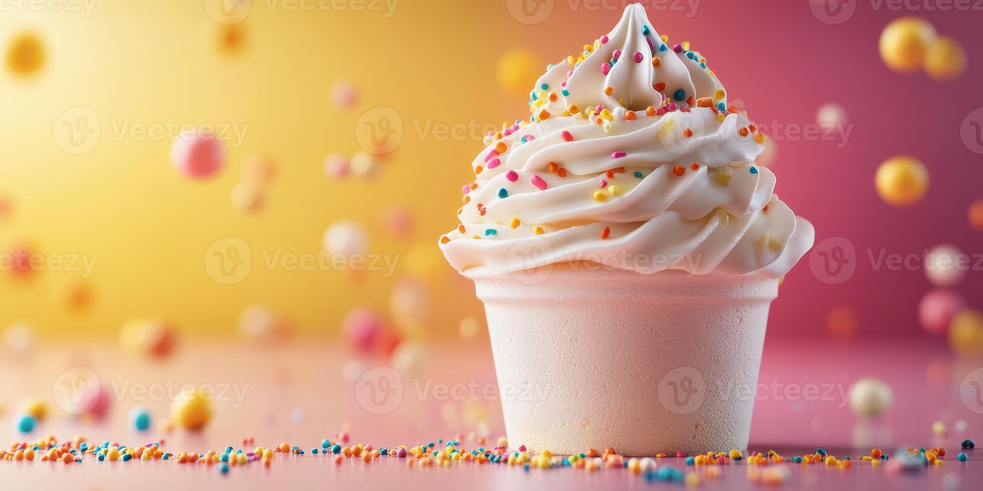 Delicious soft serve ice cream topped with colorful sprinkles against a vibrant background photo