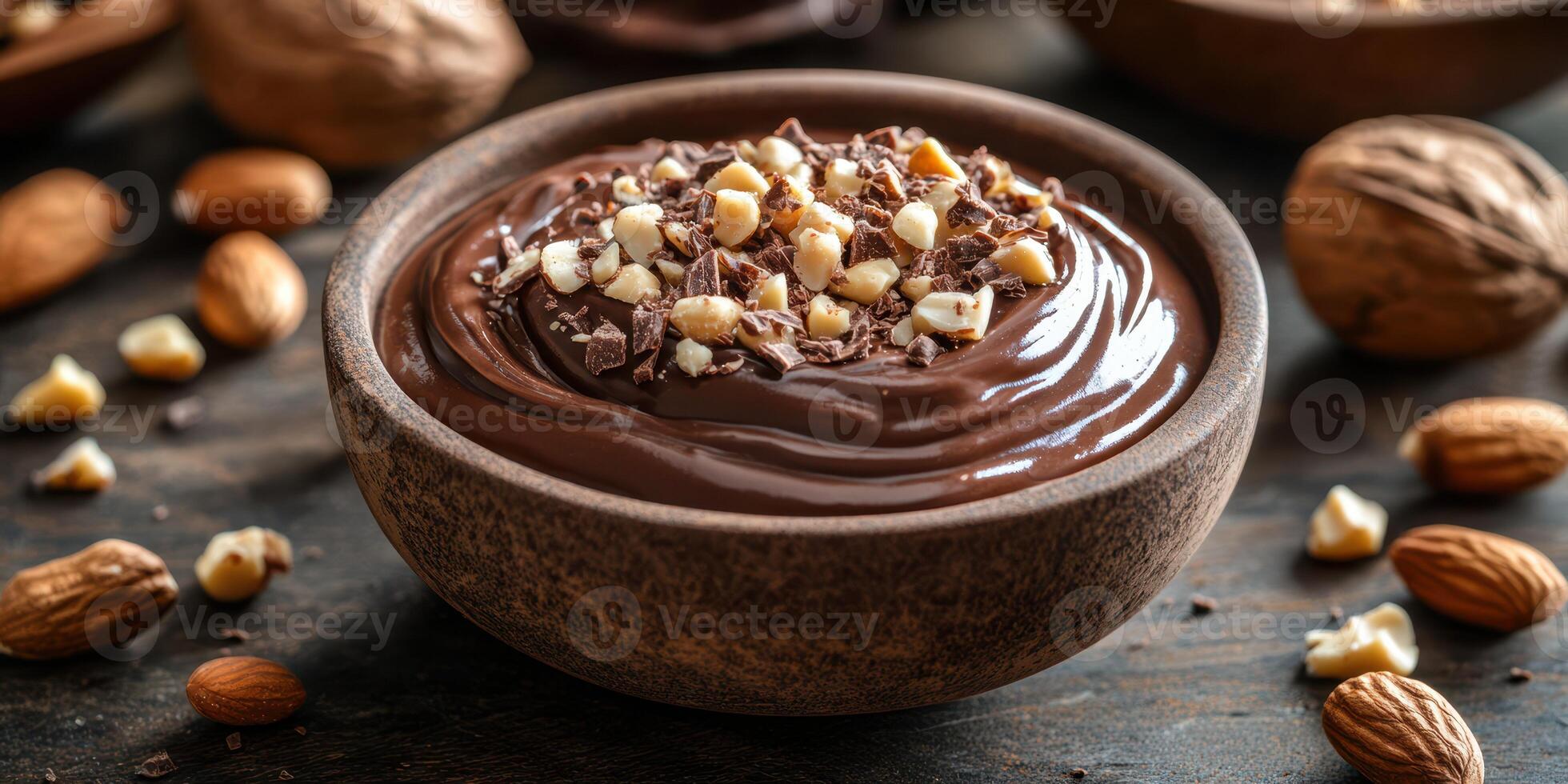 Creamy chocolate dessert topped with nuts and chocolate shavings on a rustic wooden table photo