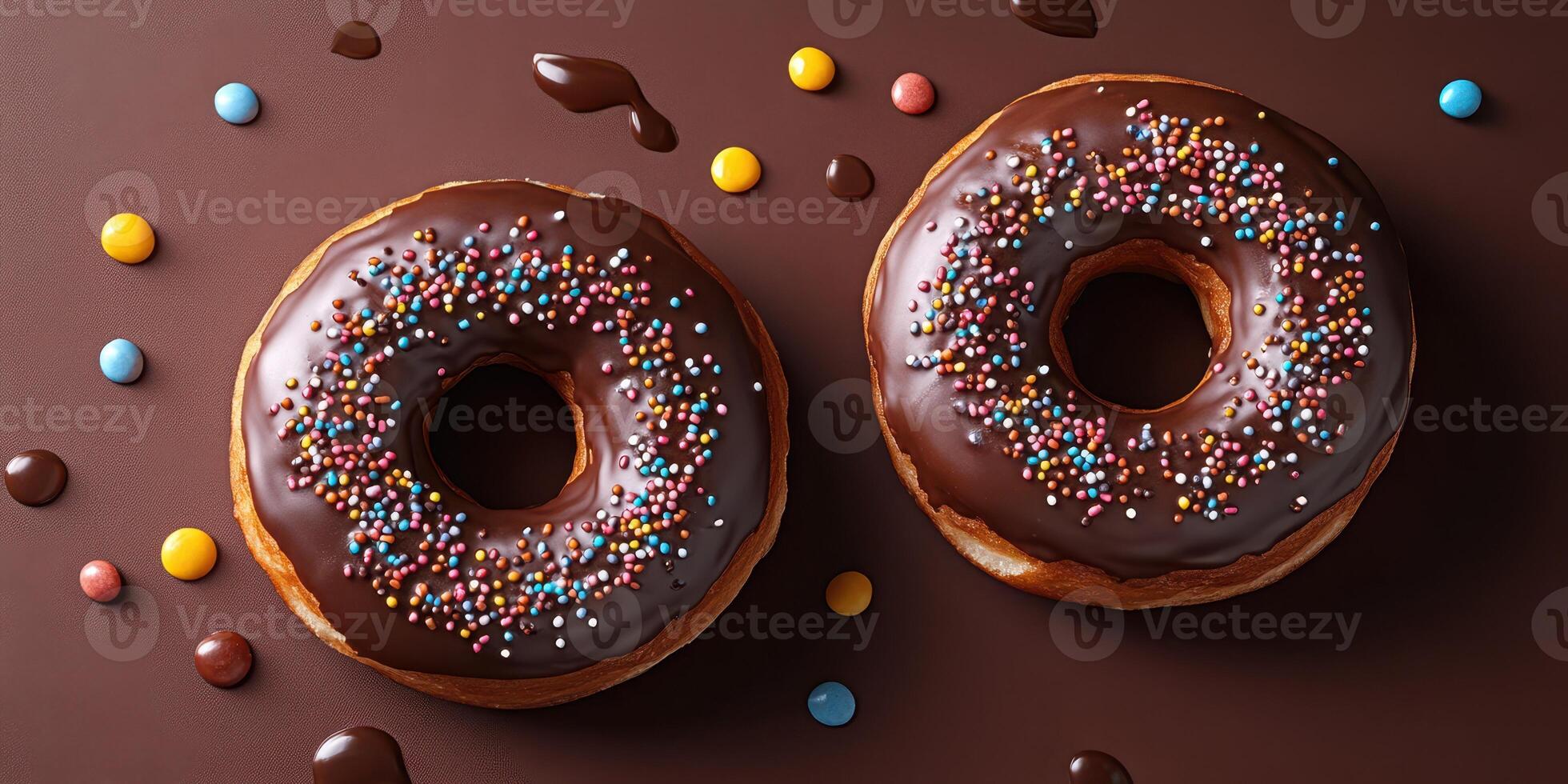 Delicious chocolate donuts topped with colorful sprinkles on a dark background for a sweet treat photo