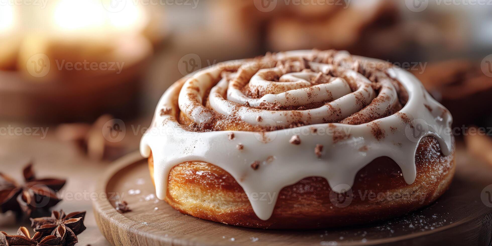 Delicious cinnamon roll on a wooden plate with creamy icing and hints of spice in a cozy setting photo