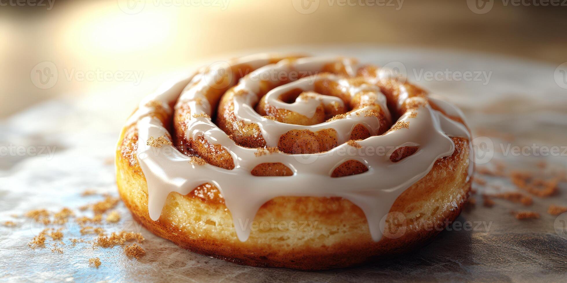 Freshly baked cinnamon roll with creamy icing on a silver platter in a warm kitchen setting photo