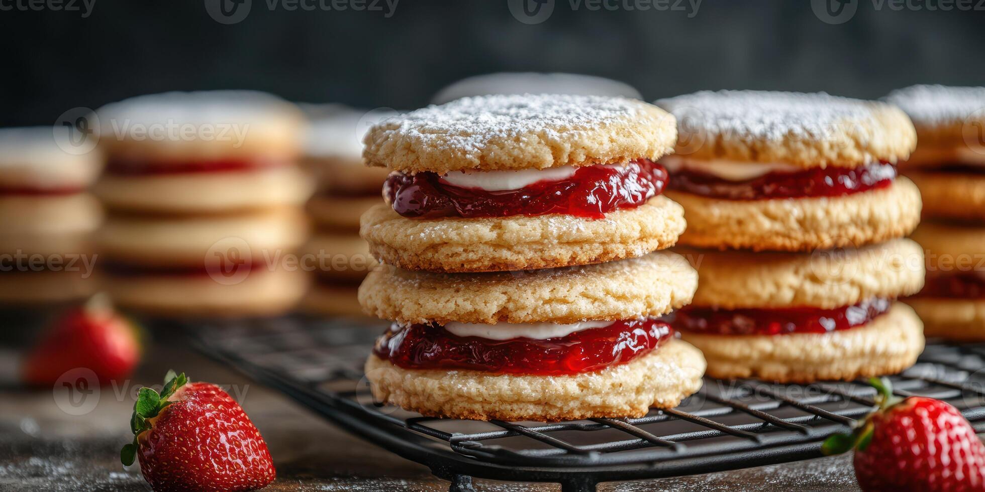 Homemade berry-filled cookies arranged on a cooling rack with fresh strawberries in the background photo