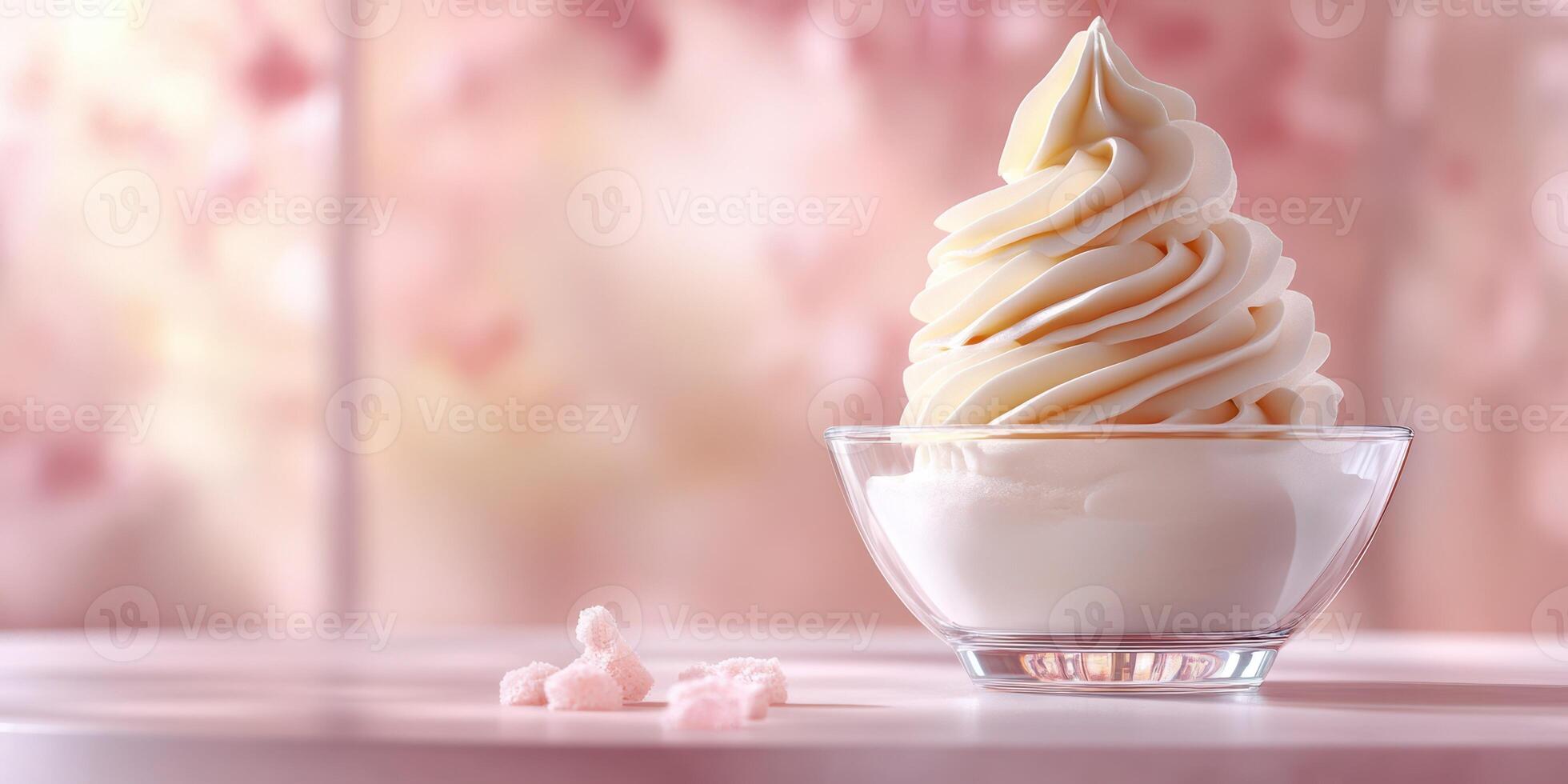 Soft serve ice cream in a glass bowl with pastel background and sugar sprinkles in a cozy setting photo
