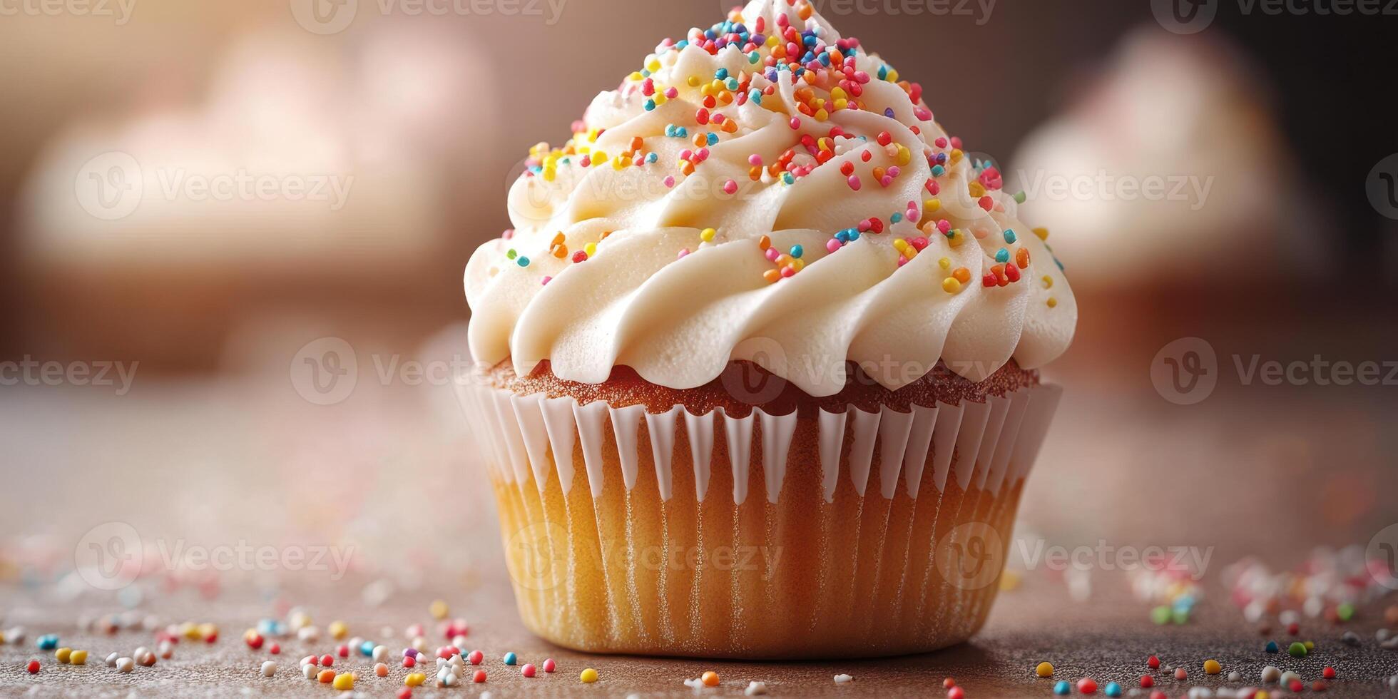 Delicious cupcake topped with creamy frosting and colorful sprinkles on a rustic wooden table photo