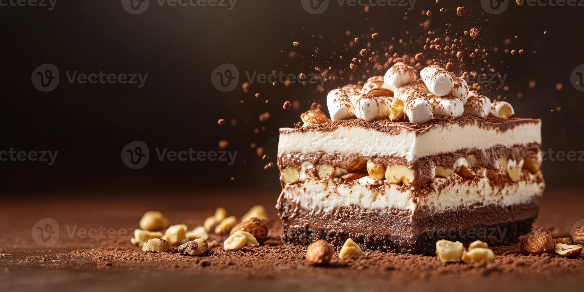 Decadent dessert with layers of chocolate, cream, and toppings showcased on a dark background photo