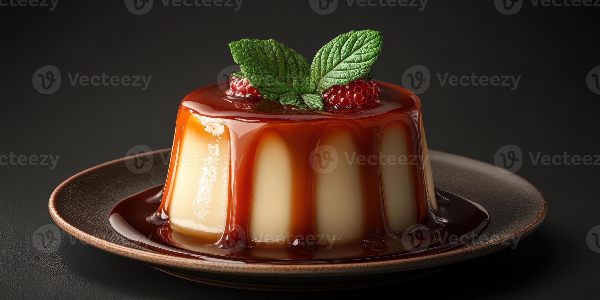 Creamy dessert topped with fresh mint and raspberry on a dark plate in a dim setting photo