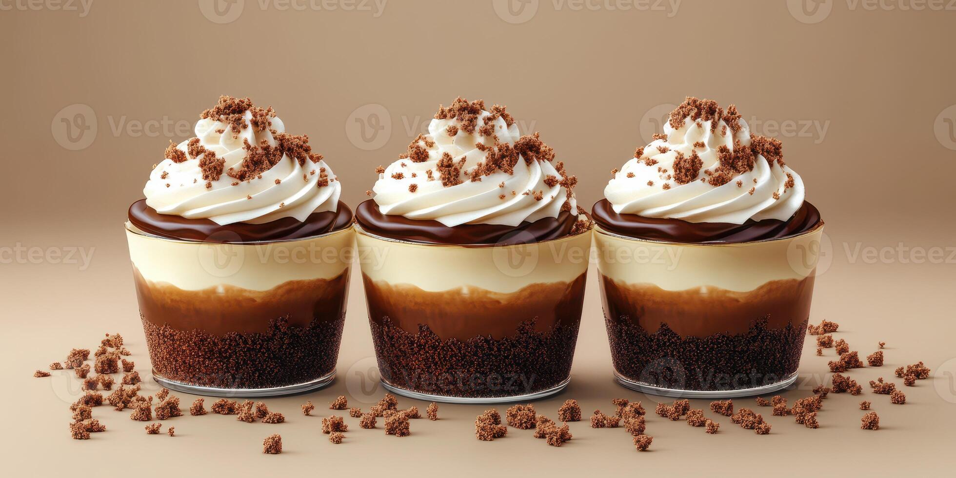 Delicious layered dessert cups with cream and chocolate on a neutral background photo