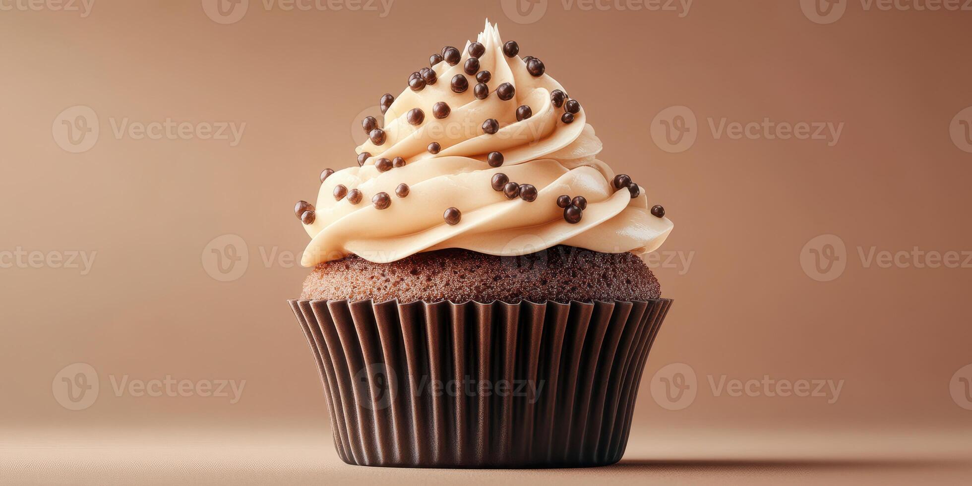 Delicious chocolate cupcake with creamy frosting and sprinkles on a smooth background photo