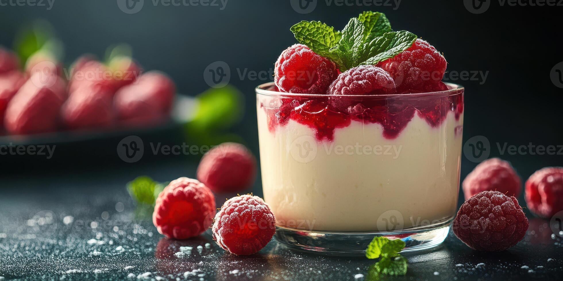 Creamy dessert with fresh raspberries and mint leaves served in a glass at a dark setting photo
