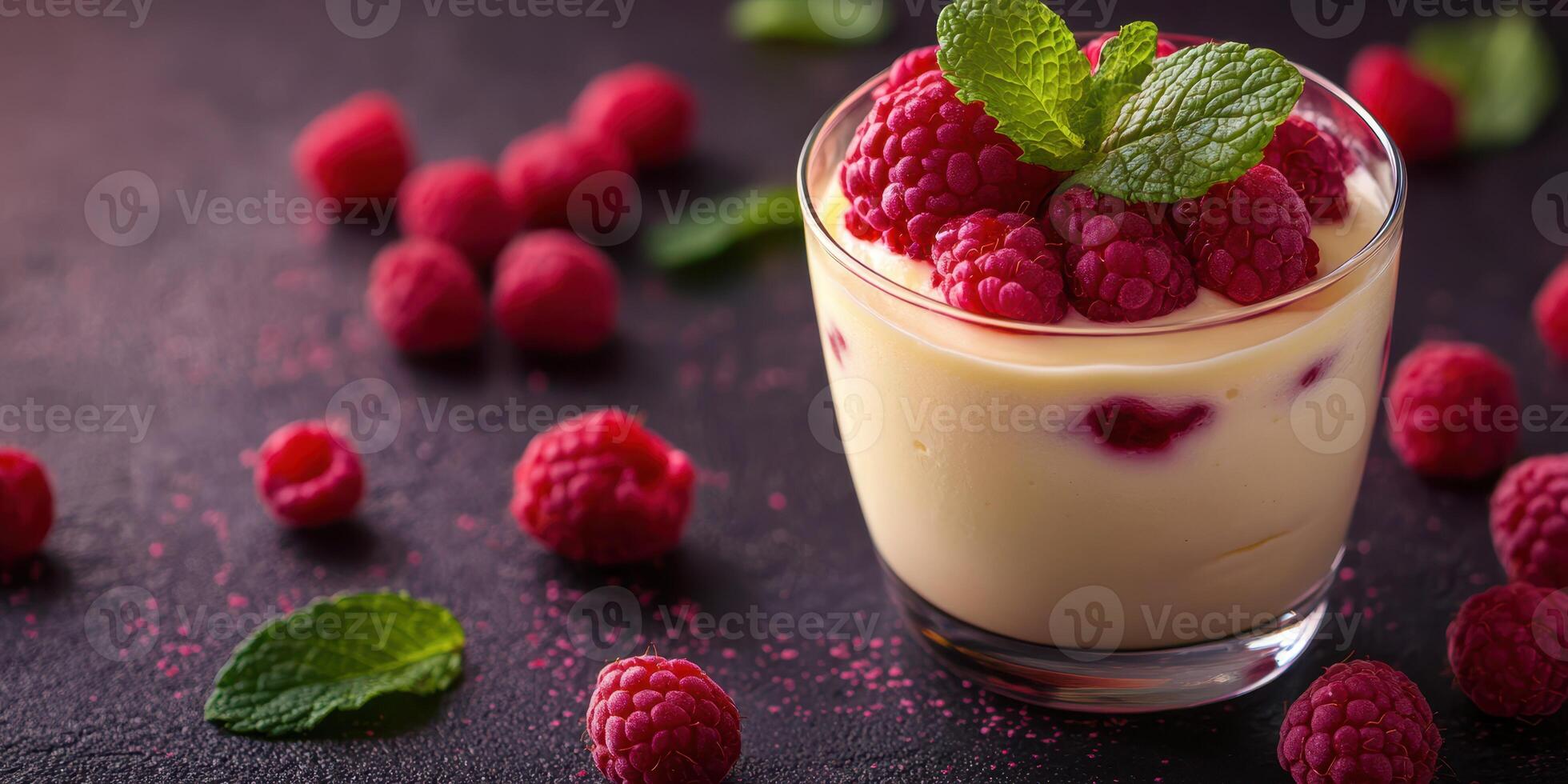Decadent raspberry dessert with fresh mint arranged on a dark surface, highlighting a rich and creamy texture photo
