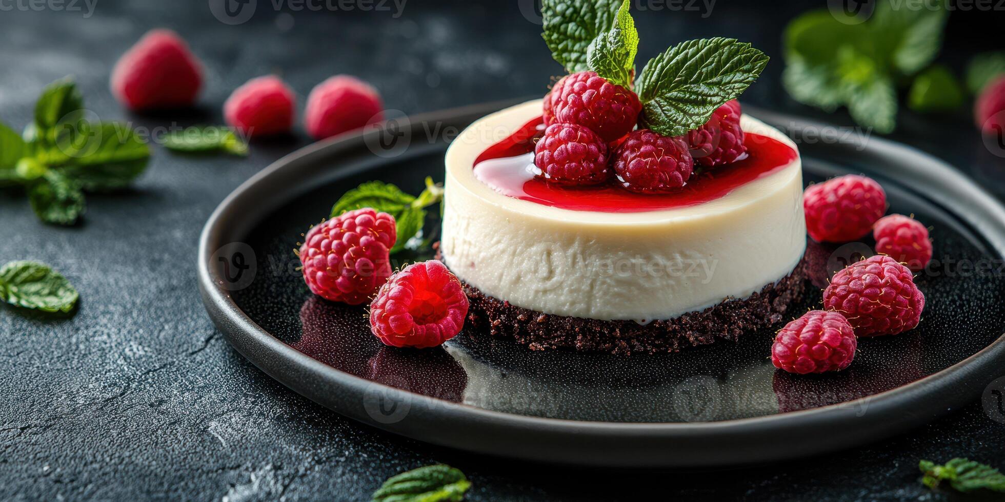 Creamy cheesecake with raspberry topping and fresh mint on a dark plate for a gourmet dessert experience photo