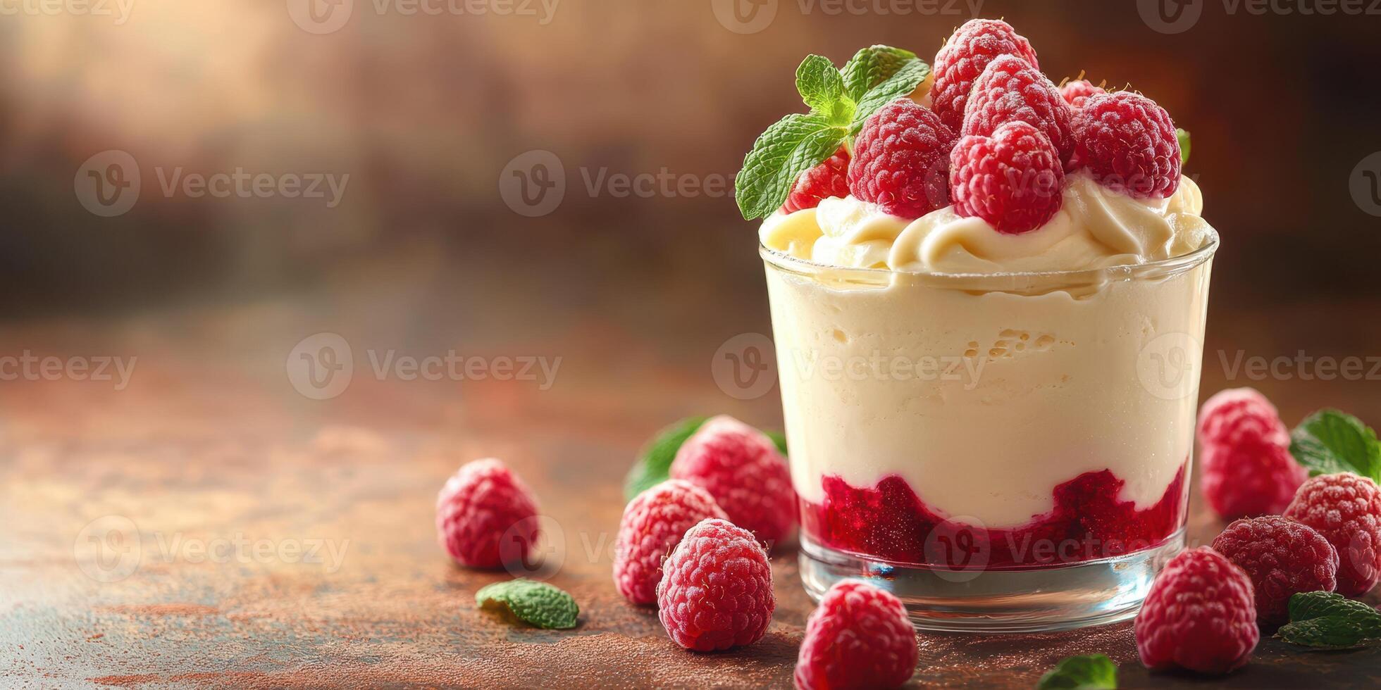 Decadent dessert of whipped cream and raspberries garnished with fresh mint on a rustic table setting photo