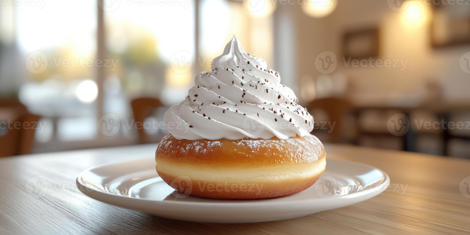 Delicious donut topped with whipped cream and sprinkles served on a plate in a cozy cafe setting photo