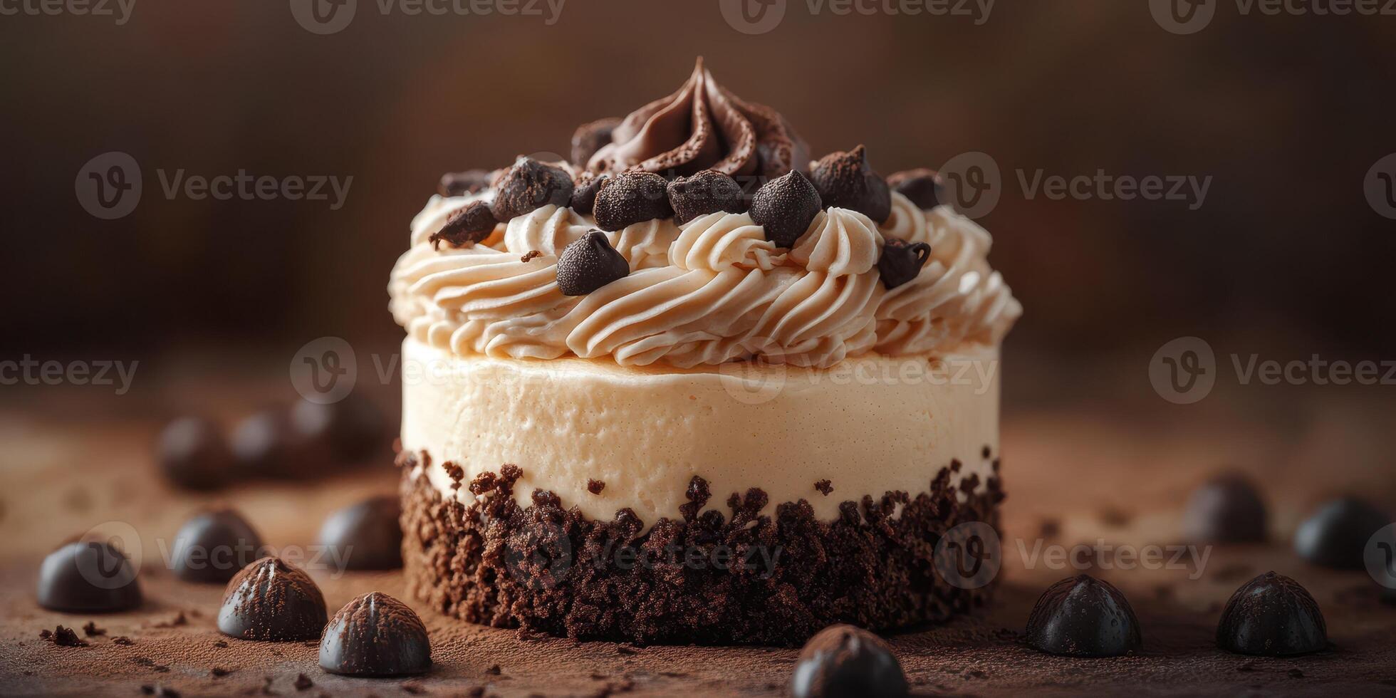 Delicious chocolate cake topped with creamy frosting and chocolate chips garnishes in a cozy setting photo