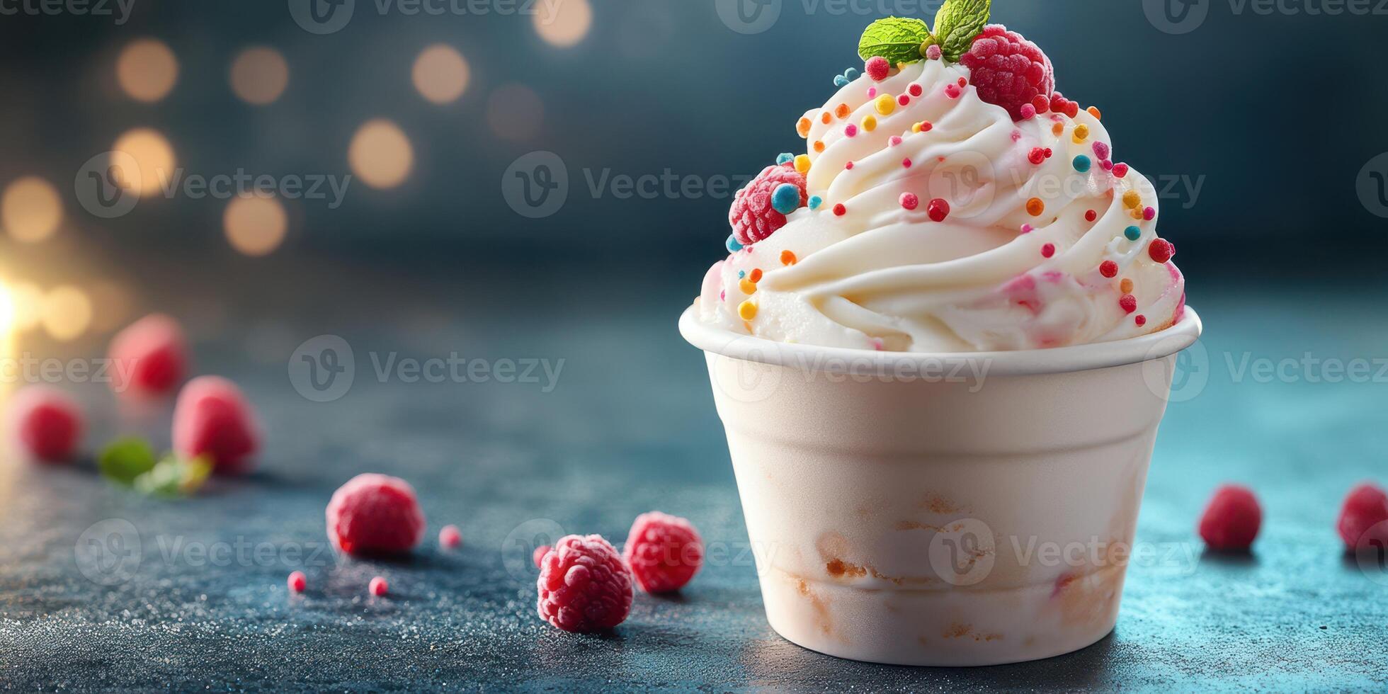 Delicious whipped cream dessert topped with fresh raspberries and colorful sprinkles served in a white cup on a dark surface photo