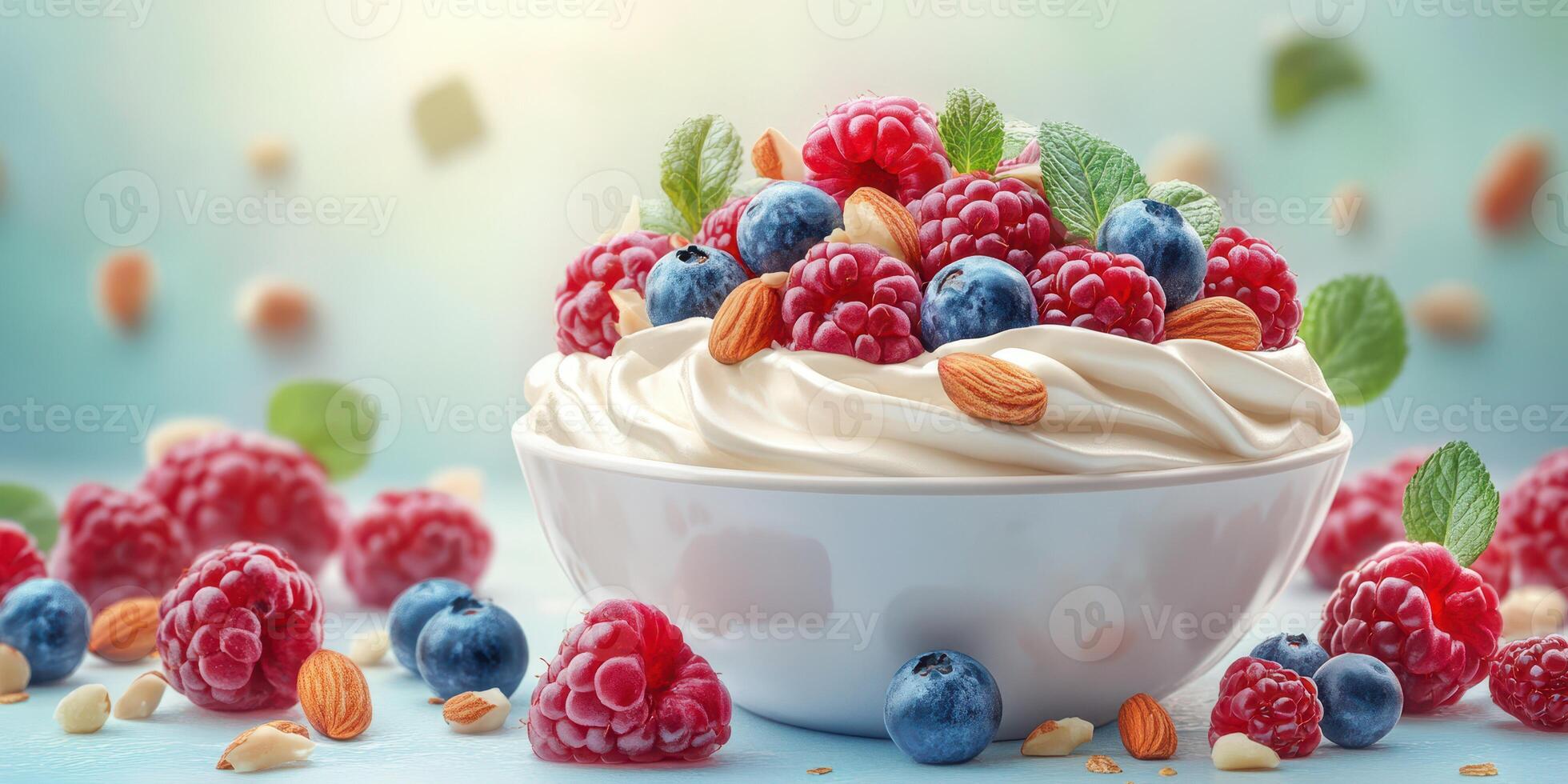 Fresh berries and creamy yogurt create a delicious healthy dessert for summer enjoyment in a bright kitchen setting photo