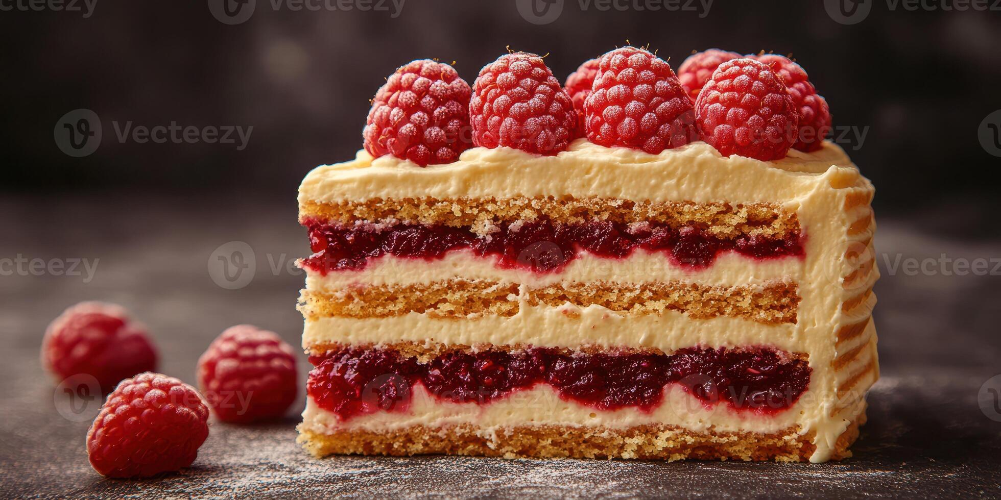 Layered cake with raspberry filling and fresh raspberries on top presented on a dark background photo