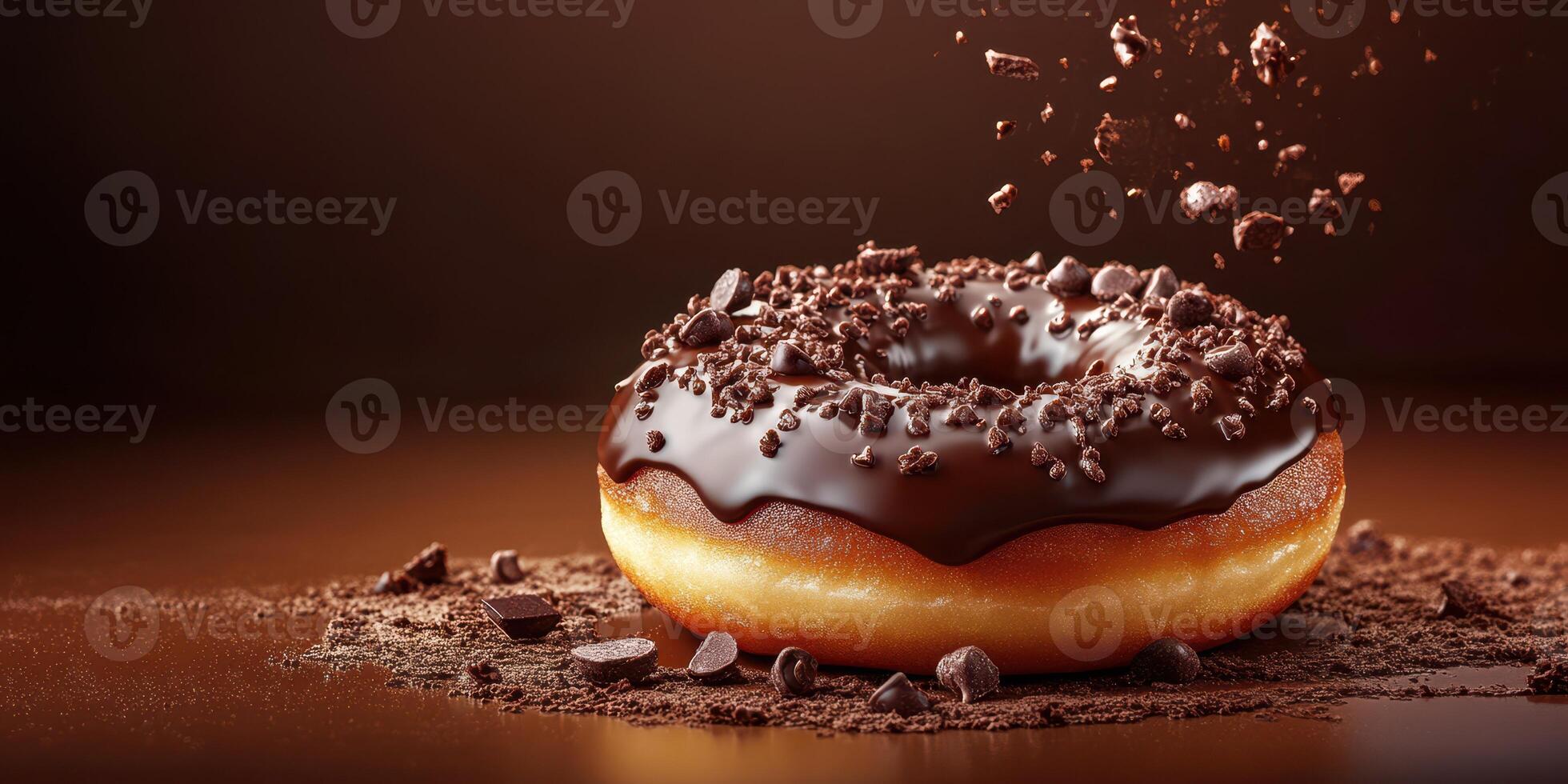 Chocolate glazed donut topped with chocolate crumbs and chips on a wooden table photo