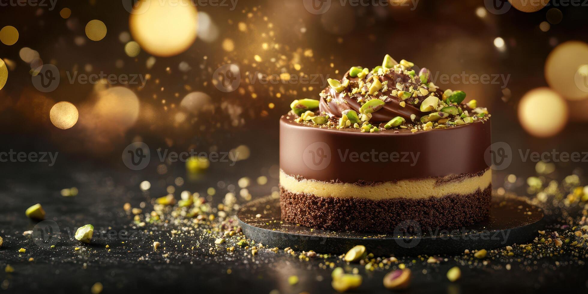 Indulging in a rich chocolate cake topped with pistachios during a festive gathering at night photo