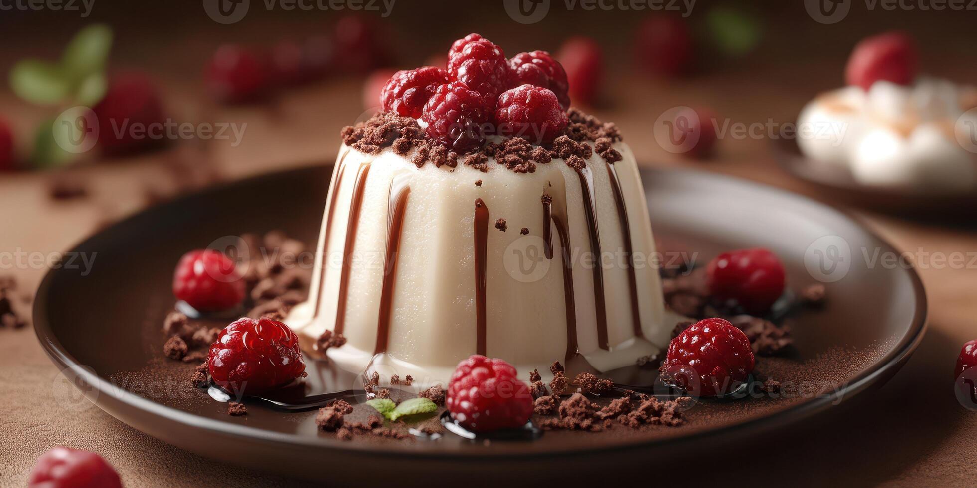 Delicious raspberry dessert topped with chocolate and fresh berries served on a dark plate photo