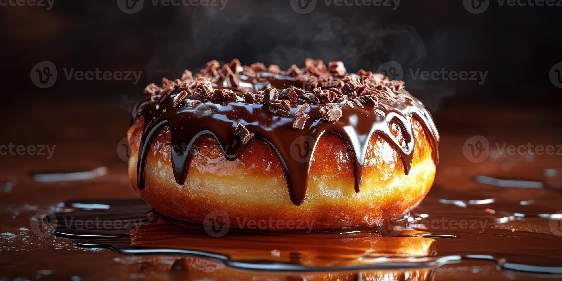 Indulgent chocolate glazed donut with rich chocolate shavings on top and syrup drizzling on the surface photo