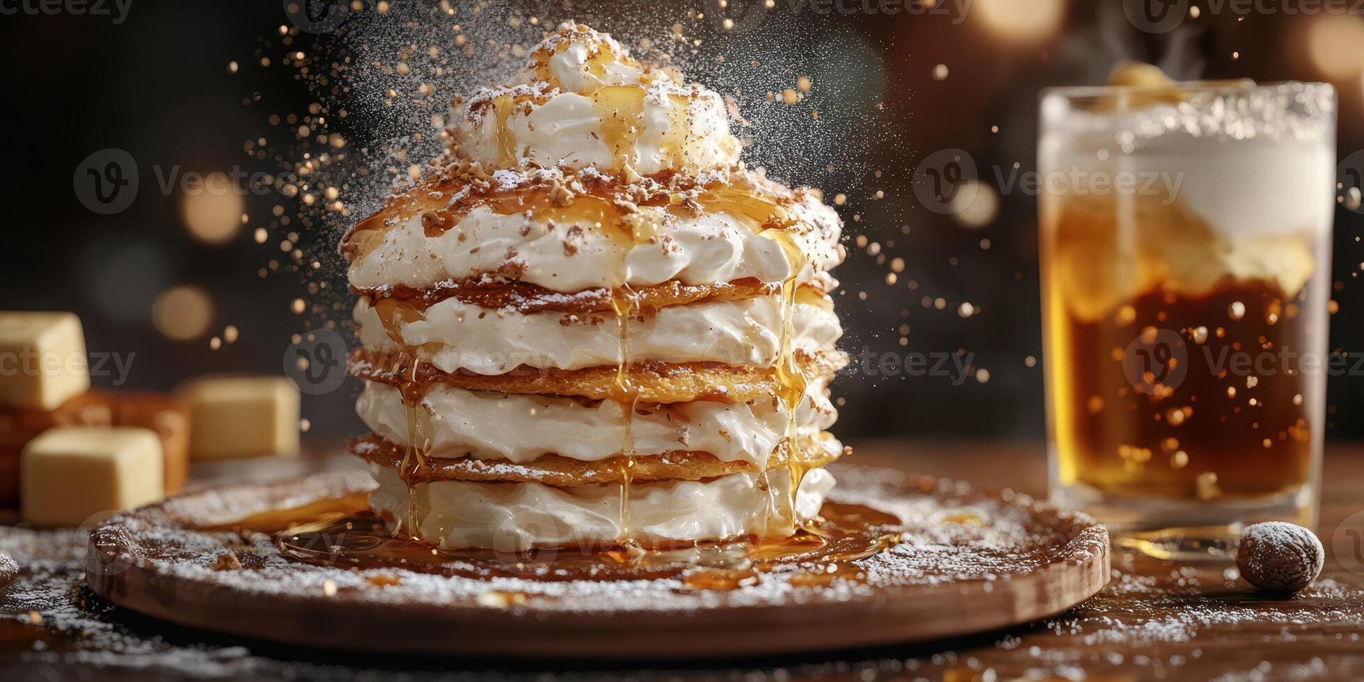 Stack of pancakes topped with whipped cream and syrup served with a drink on a rustic table in a warm cafe setting photo