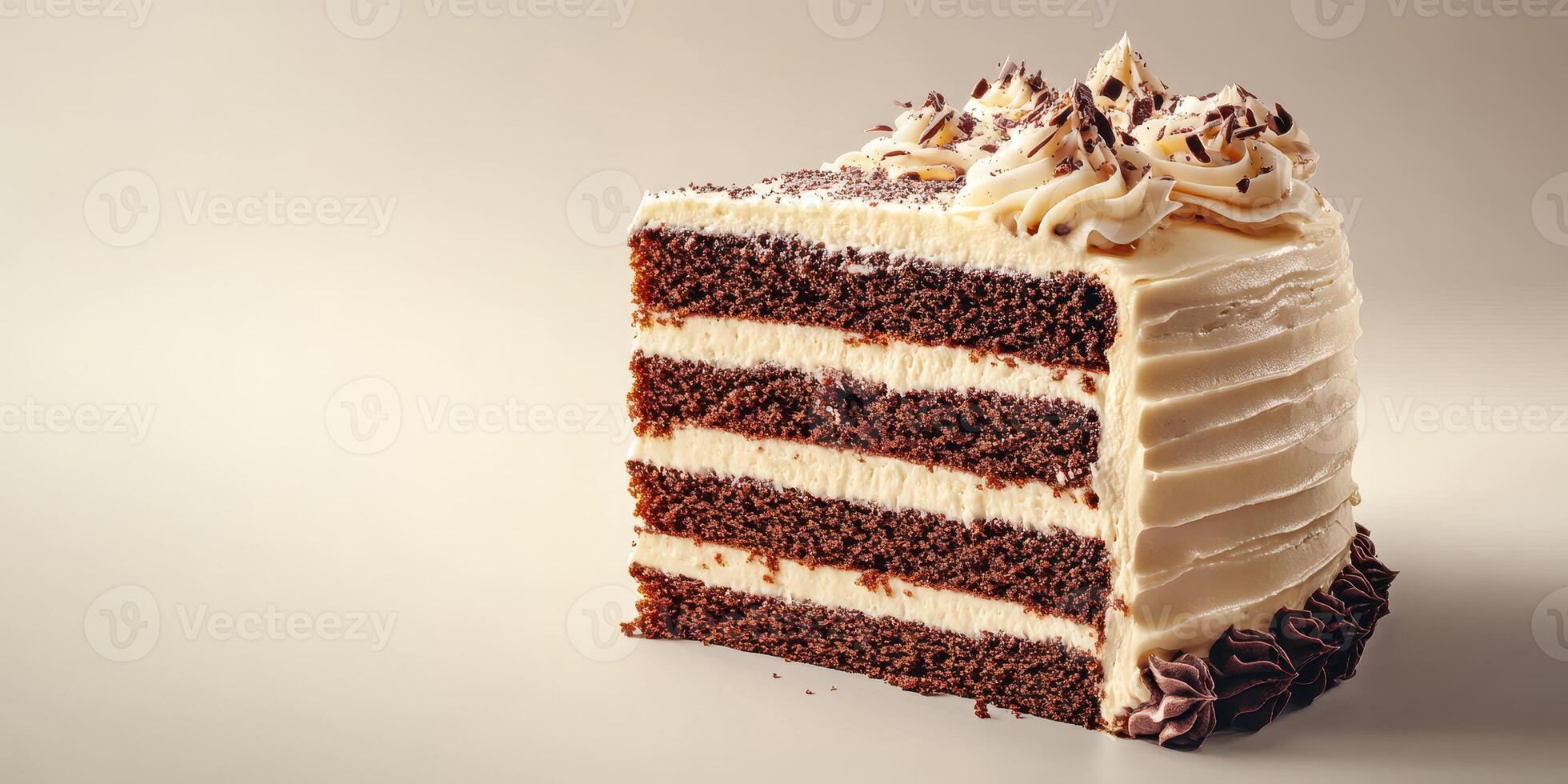 Delightful chocolate layer cake with creamy frosting displayed against a neutral background photo