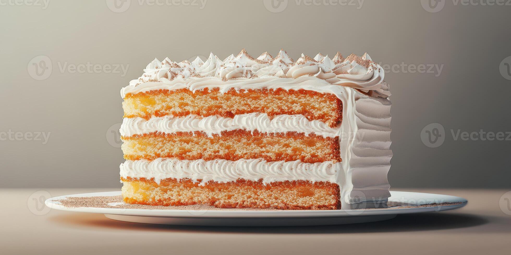 Delicious layered cake with creamy frosting displayed on a simple plate in a softly lit setting photo