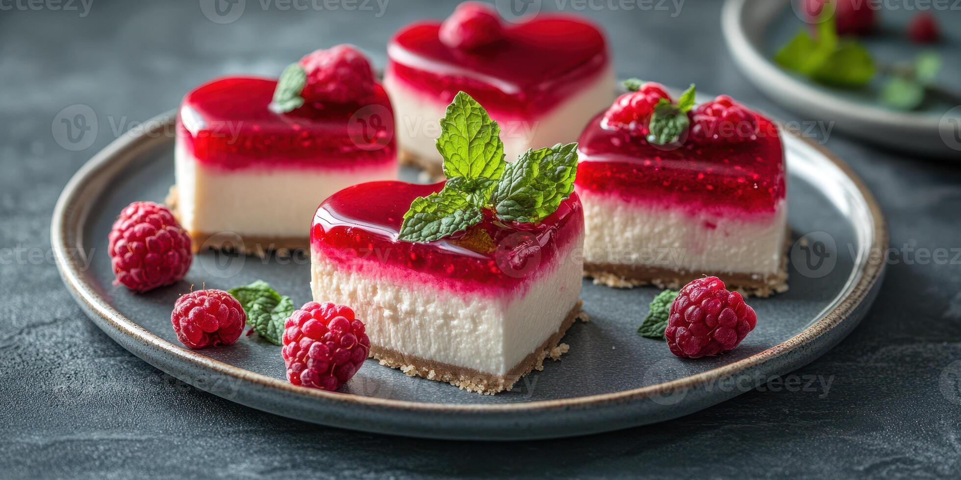 Heart-shaped raspberry desserts with mint leaves on a dark plate ready for serving during a special occasion photo