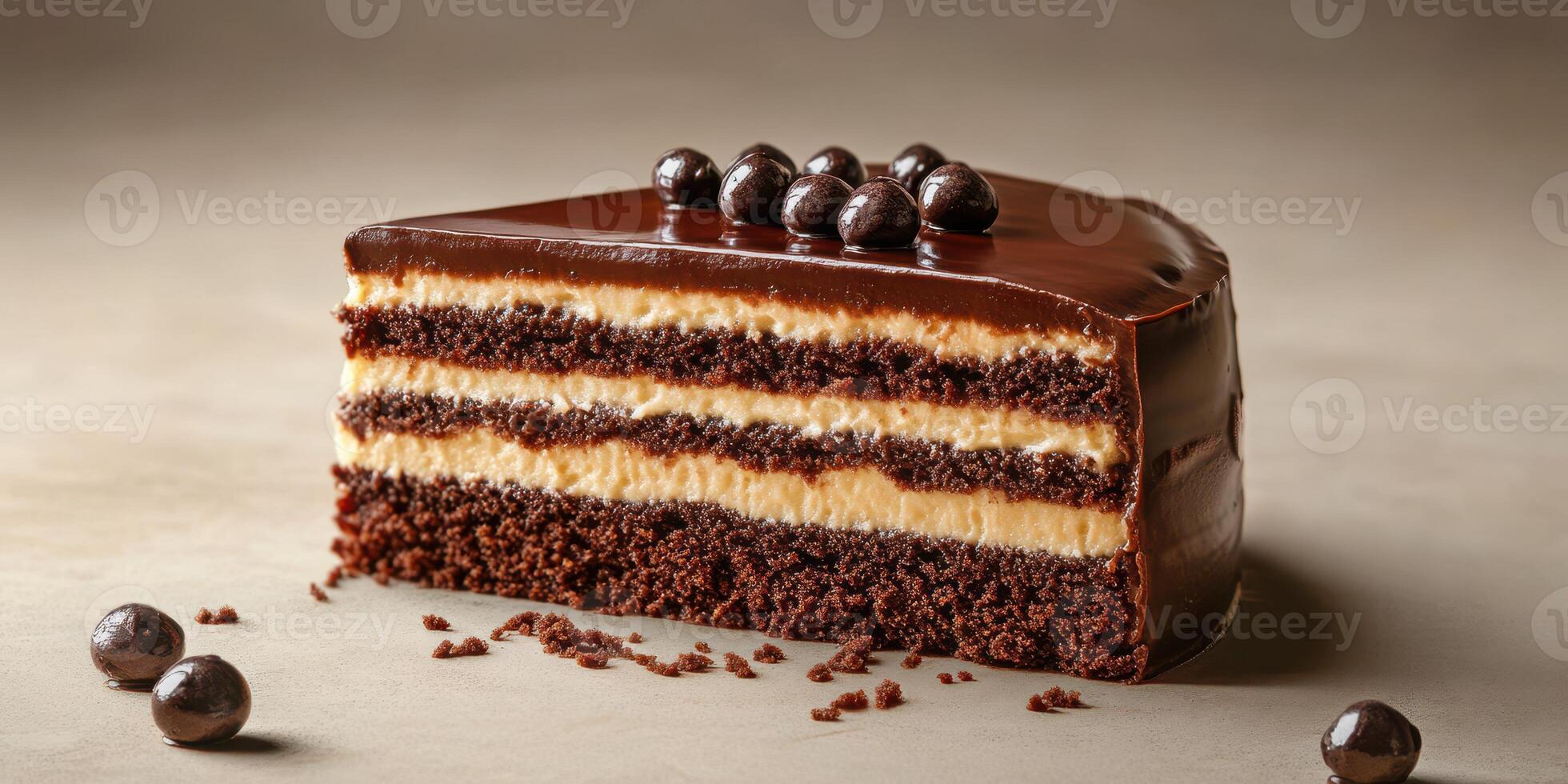 Rich chocolate layer cake with creamy filling and glossy frosting displayed on a neutral background photo