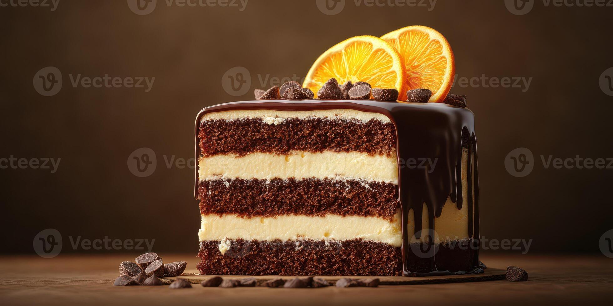 Delicious chocolate cake with orange slices served on a wooden table in a cozy setting photo