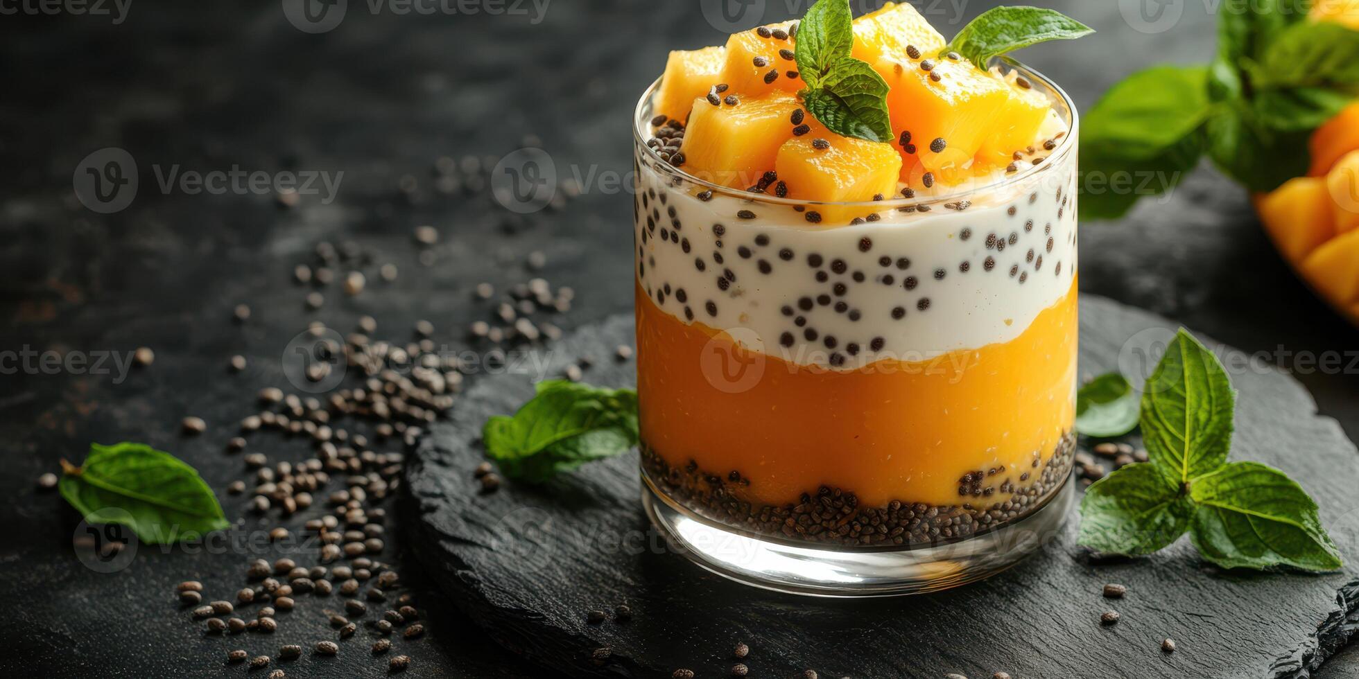 Refreshing mango chia pudding served in a glass with mint leaves, showcasing layers of fruit and cream on a dark background photo