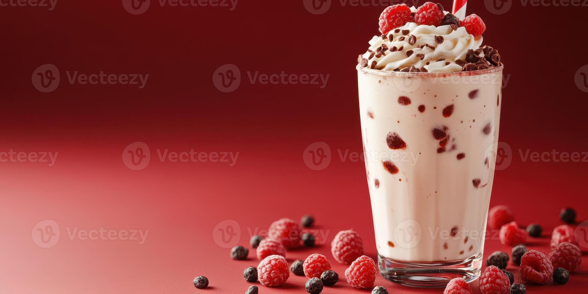 Creamy raspberry milkshake topped with whipped cream and chocolate drizzle for a delightful treat photo
