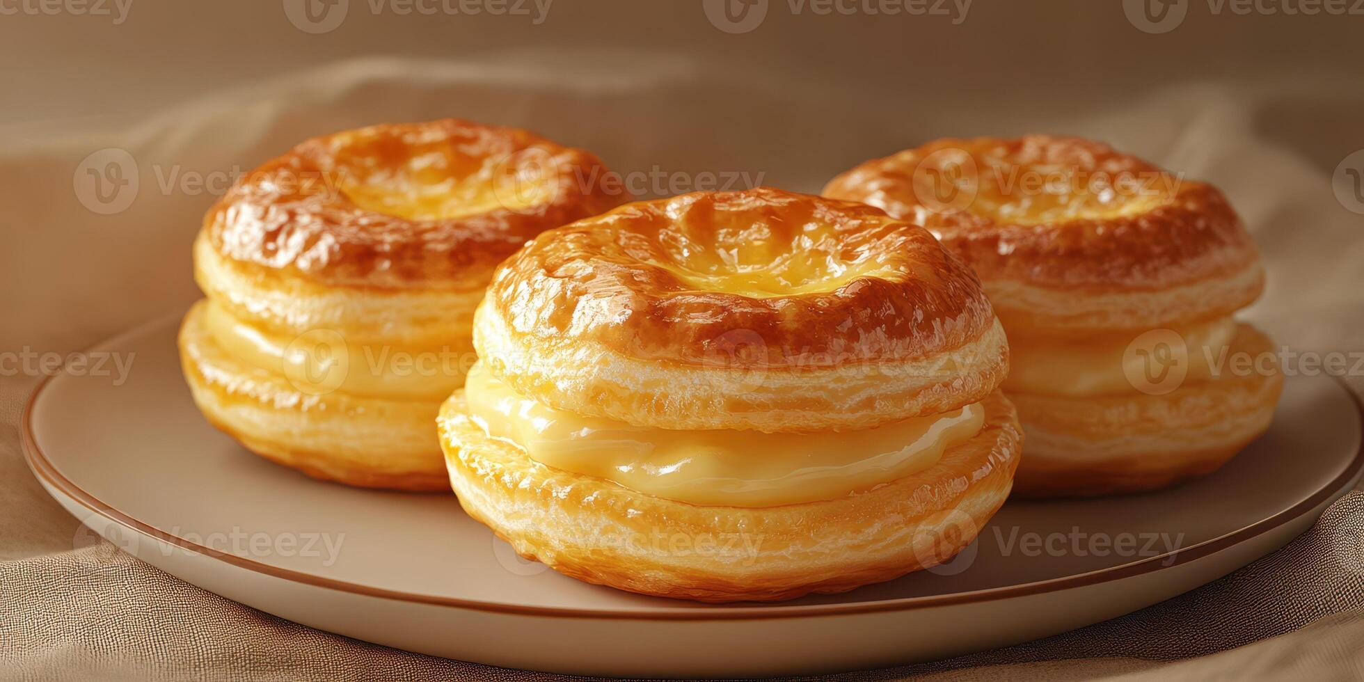 Delicious pastries with creamy filling served on a plate in a warm setting photo