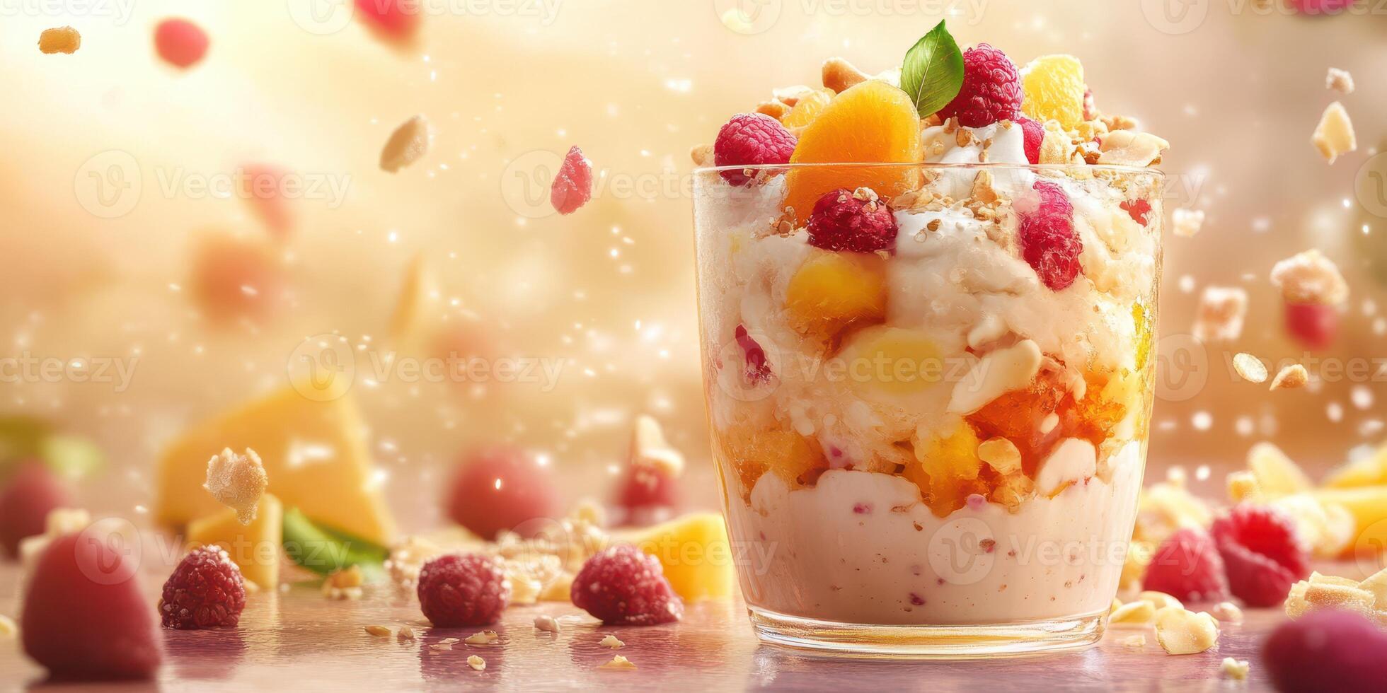 Colorful parfait with fruit, nuts, and oats on a bright background filled with flying ingredients photo