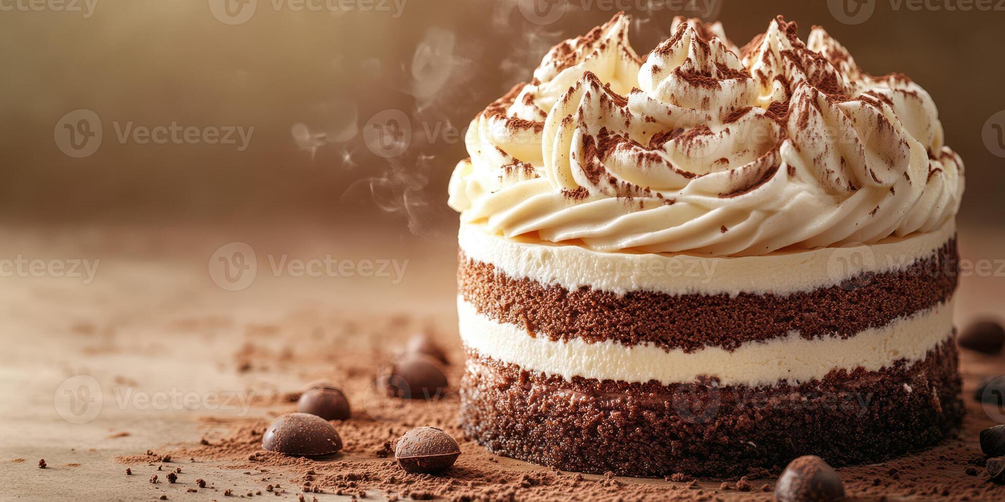 Delicious chocolate cake with creamy frosting and cocoa powder topping displayed on a rustic wooden table photo