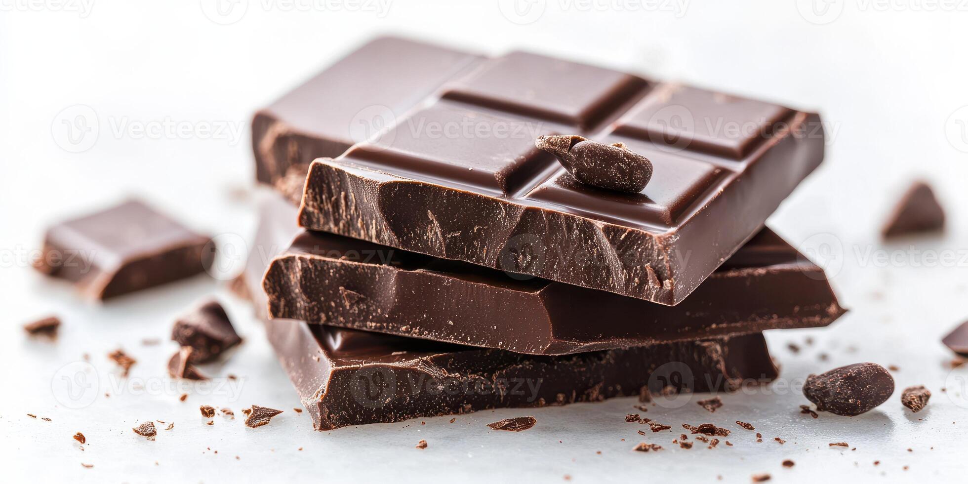 Rich dark chocolate pieces stacked with cocoa nibs on a clean surface during a bright afternoon photo