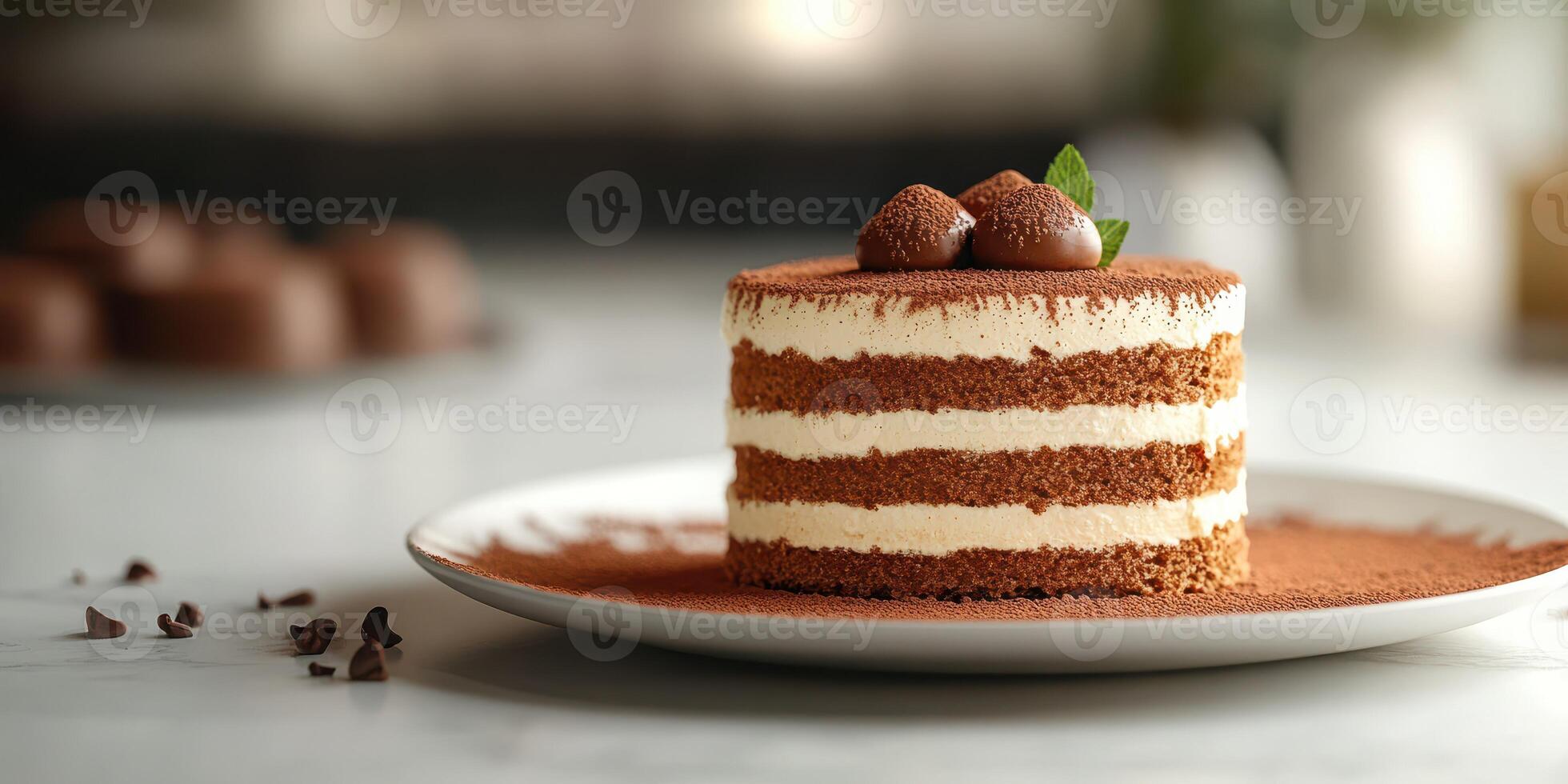 Delicious chocolate cake layered with cream and cocoa on a white plate in a cozy kitchen setting photo