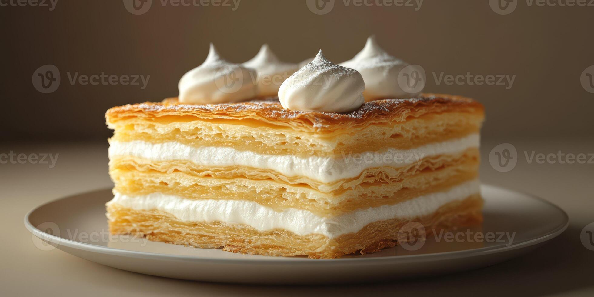 Delicate layers of a creamy dessert plated elegantly with decorative meringue topping in a warm setting photo
