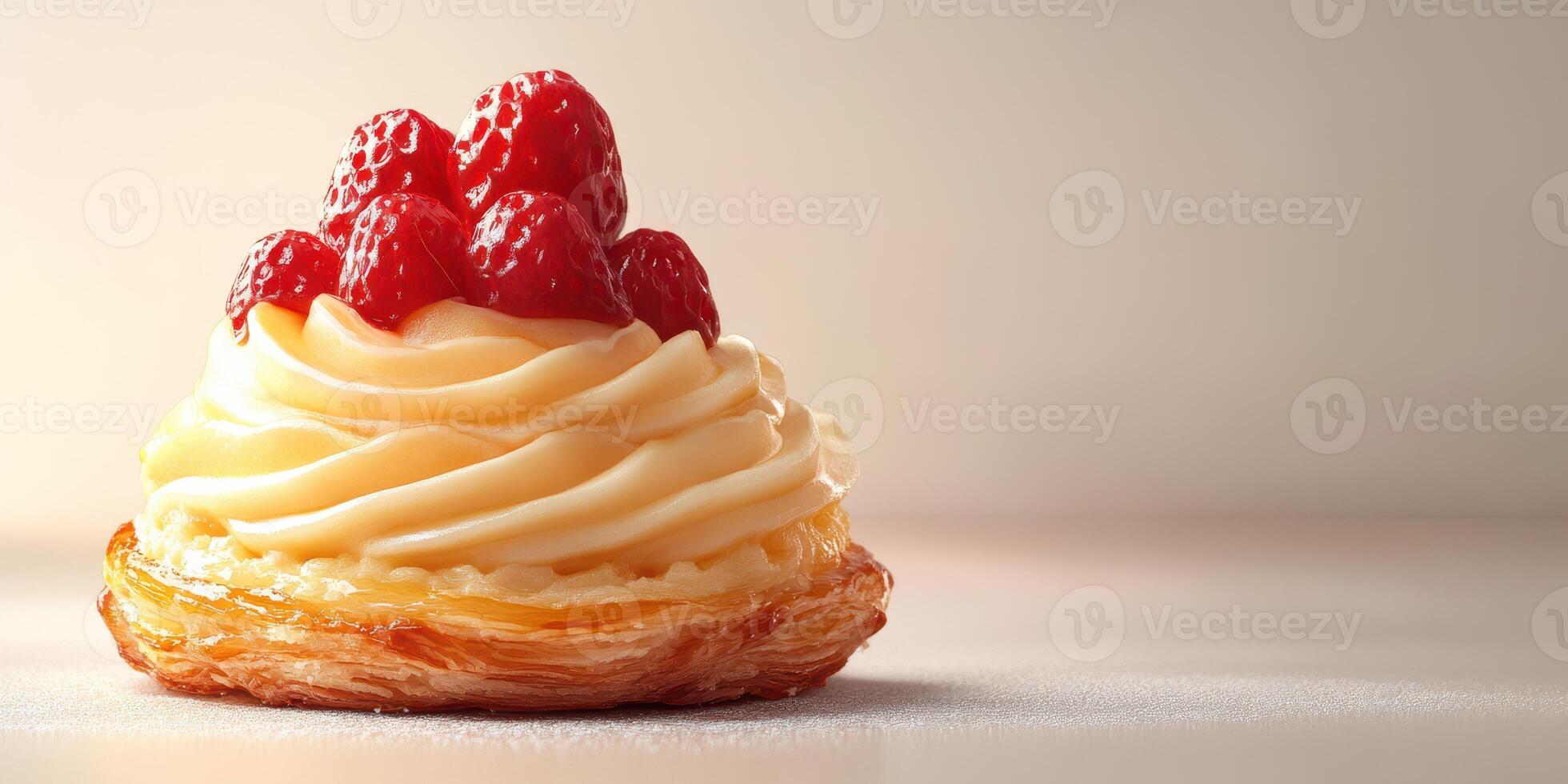 Delicious pastry topped with creamy filling and fresh strawberries on a light background at a bakery photo