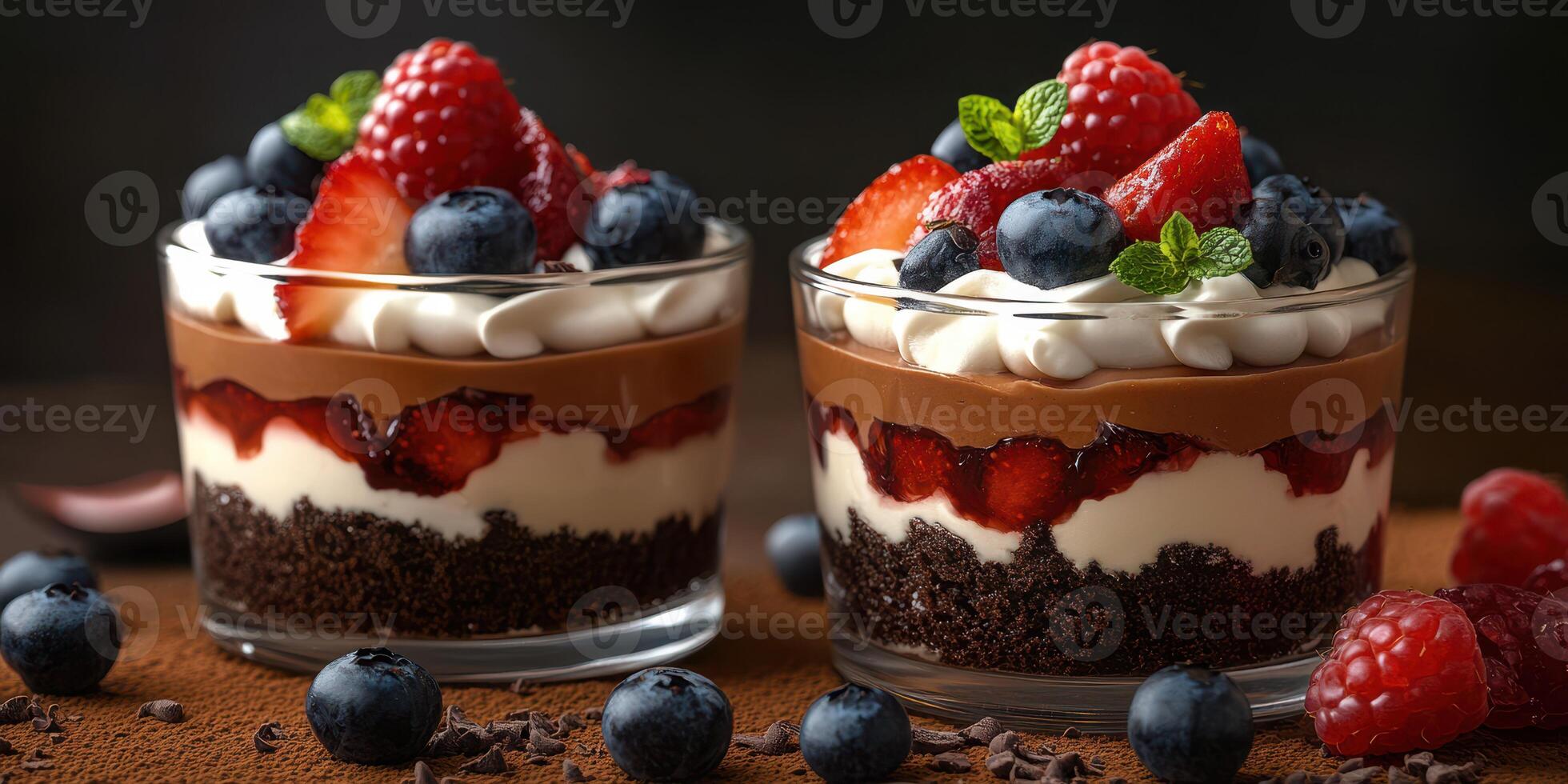 Delicious dessert cups with layers of chocolate, cream, and fresh berries on a dark background photo